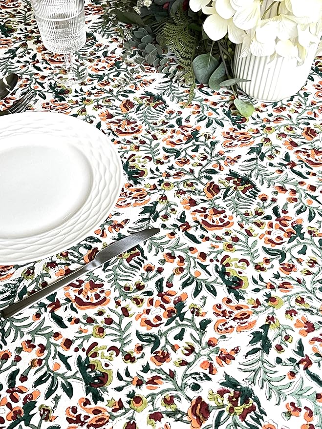 ATOSII Ambrosia Green 100% Cotton Round Tablecloth, Handblock Print Floral Table Cloth for Kitchen Dining Linen I Weddings, Outdoors, Thanksgiving, Christmas I Fall Home Decor I 72" Inches Round