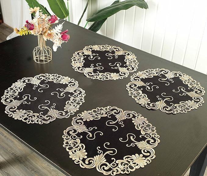 Decozen Set of 8 Doilies for Table, Lace Doilies - Rustic, Crochet, Farmhouse, Kitchen, Dining Table Centerpiece Decor - Round Christmas Placemats 15 inch Gold Black, The Chantelle Collection