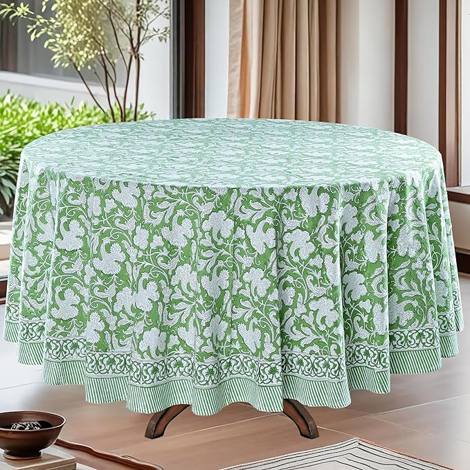 Ridhi Block Print Round Sage Green Reusable Tablecloth 100% Cotton 110" Inch Decorative Table Cover eveyday Dining, Home, Party, Wedding, Farmhouse Gift for Spring, Easter, Valentine