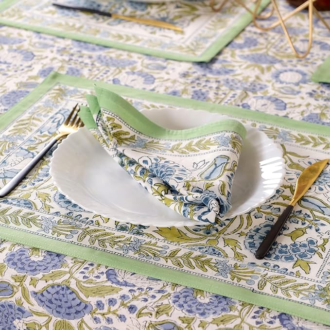 Hand Block Printed Table Cover - Exquisite Design, Premium Cotton Fabric, Perfect for Dining and Decor, Dining Table Linen(Moss Green,6 Seater 60 x 90 Inches Rectangle)
