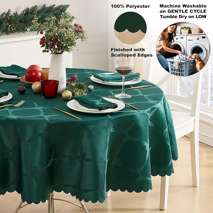 Newbridge Round Tablecloth, 70 Inch, Spring and Easter Ribbons and Bows Damask, Wrinkle and Stain Resistant Fabric Table Cloth, Holiday Evergreen