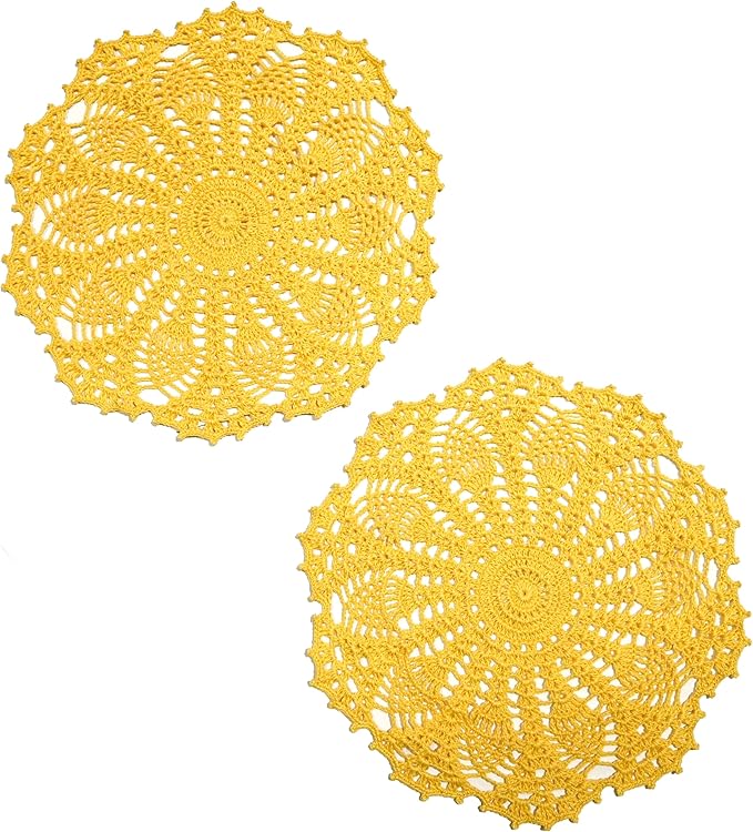 BIBITIME Lace Doilies Crochet Handmade Lace Coasters Round Placemat Rustic Table Doilies Decors for Kitchen Dining Room Party Dressers (11 inches to 12 inches,Pack of 2 PCS, Yellow)