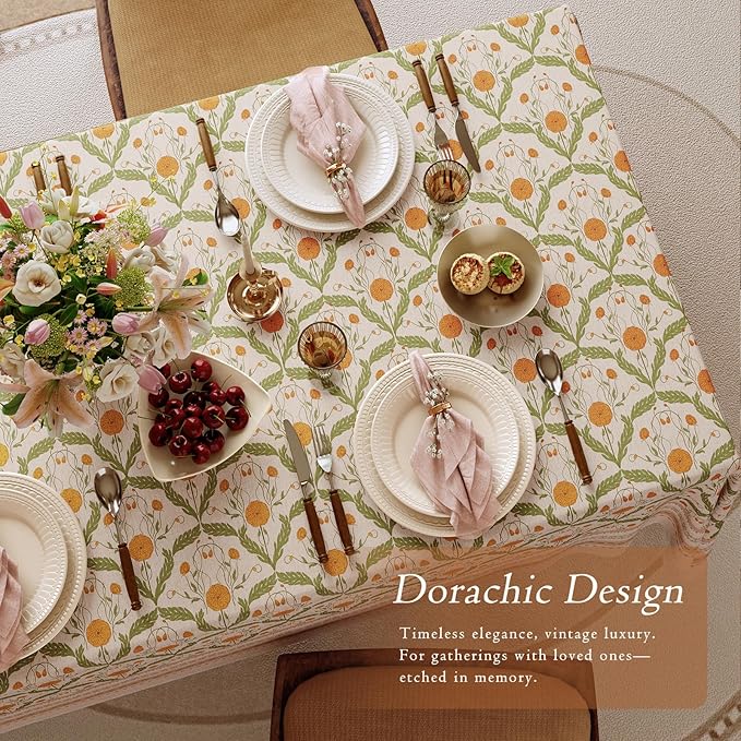 French Linen Tablecloth Rectangular, Vintage Block Print Table Cloth, Waterproof Table Cover for Picnic Dining Party Wedding, Marigold Orange, 67x118''