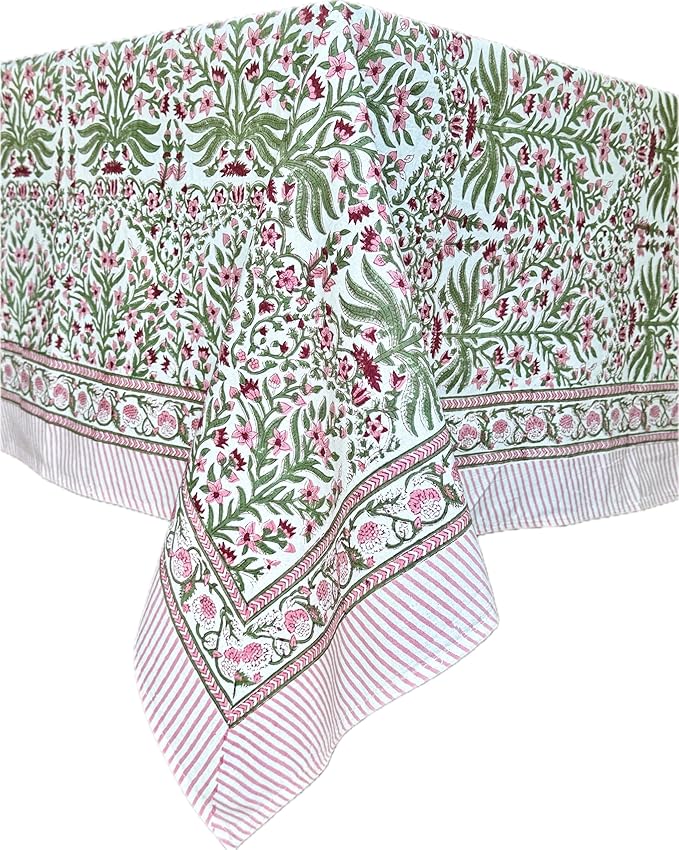 ATOSII Nargis Pink 100% Cotton Rectangle Boho Spring Summer Tablecloth, Handblock Floral Table Cloth Linen for Kitchen Dining I Parties Wedding Outdoors Easter I 72 X 120 Inches I 10 Seater