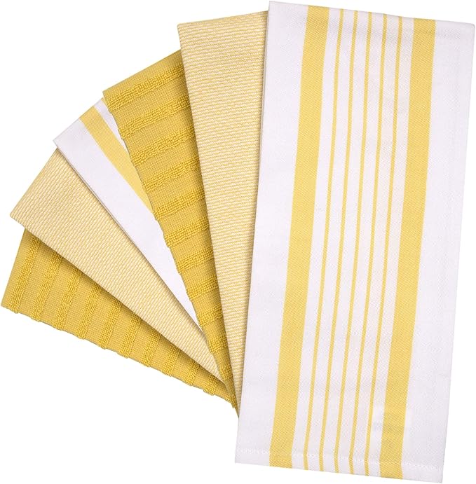 Premium Kitchen Towels (20”x 28”, 6 Pack) | Large Cotton Dish Towels | Flat & Terry Highly Absorbent Kitchen Linen Set with Hanging Loop | Yellow Striped