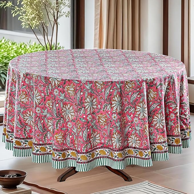 Ridhi Block Print Round Candy Pink Reusable Tablecloth 100% Cotton 60" Inch Decorative Table Cover eveyday Dining, Home, Party, Wedding, Farmhouse Gift for Spring, Easter, Valentine