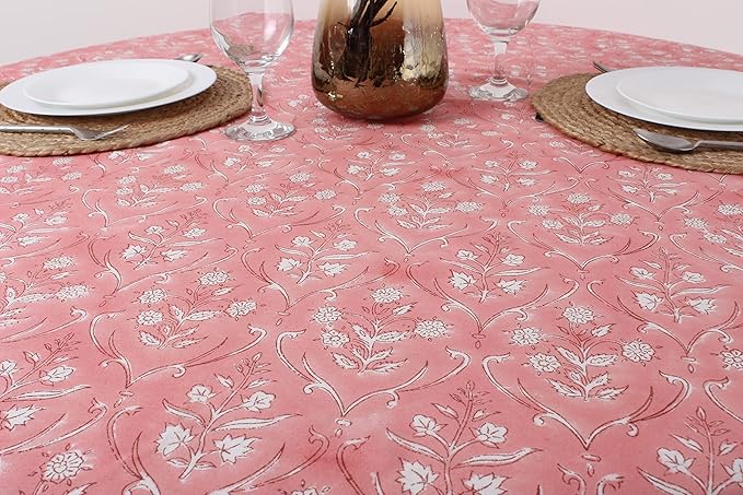 Ridhi Block Print Round Sweet Pink Reusable Tablecloth 100% Cotton 60" Inch Decorative Table Cover eveyday Dining, Home, Party, Wedding, Farmhouse Gift for Spring, Easter, Valentine