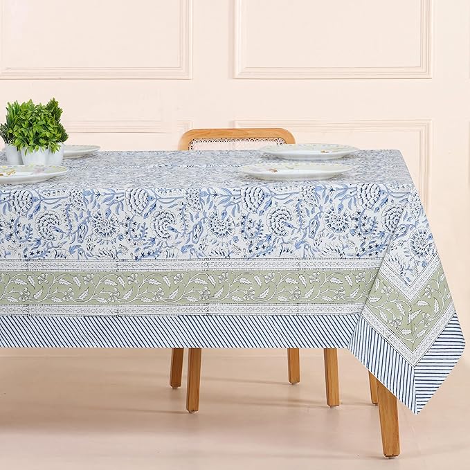 Handblock Print Cotton Tablecloth – 72x108 Rectangular Table Cover Seats 6–8 – Indian Block Printed Floral Dining Table Linen – Boho Washable Cloth for Kitchen, Party, Outdoor, Soft Blue