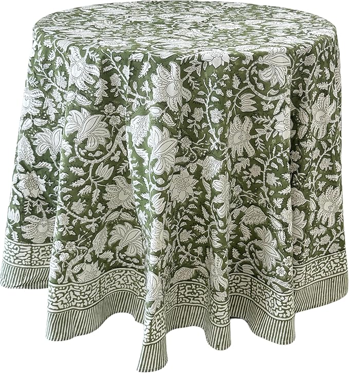ATOSII Noori Green 100% Cotton Round Tablecloth, Handblock Print Floral Table Cloth for Kitchen Dining Linen I Parties, Weddings, Outdoors I Summer Home Decor 60" Inches Round