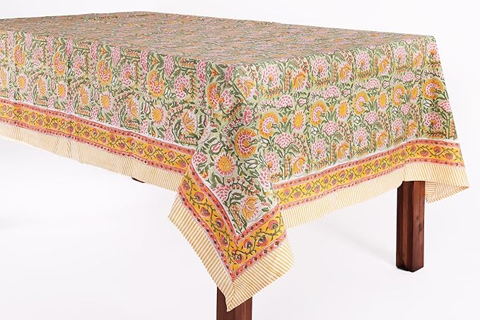 ATOSII Clover Green 100% Cotton Rectangle Fall Tablecloth, Handblock Floral Print Linen Table Cloth for Kitchen Dining I Parties, Weddings, Outdoors, Easter I Home Decor 60 X 90 Inches I 6 Seater