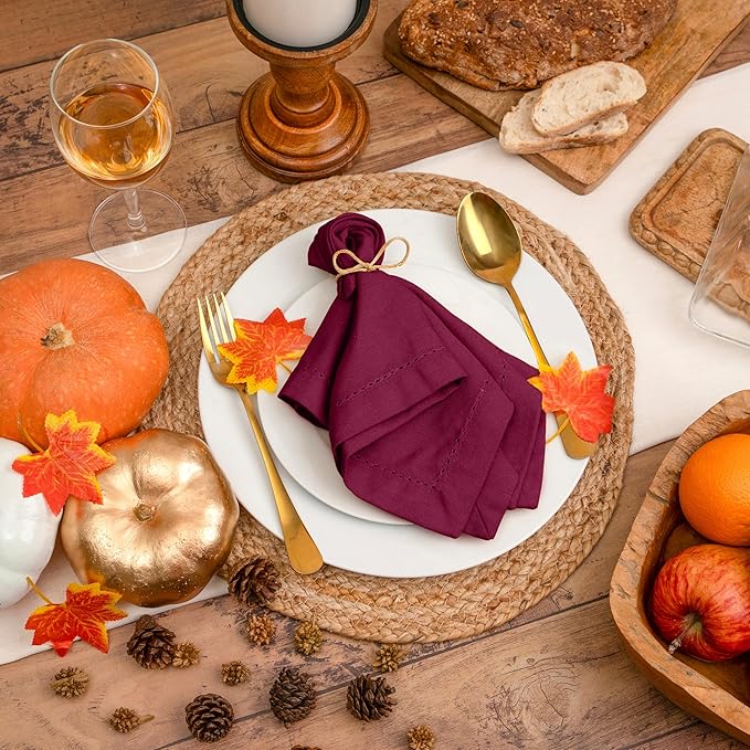 Blue Needles Set of 6 Hemstitch Linen Napkins 100% Cotton Burgundy Cloth Dinner Napkins 18x18 inches, Soft, Reusable, Absorbent, Washable, Ideal for Wedding Events, Parties & Everyday Use