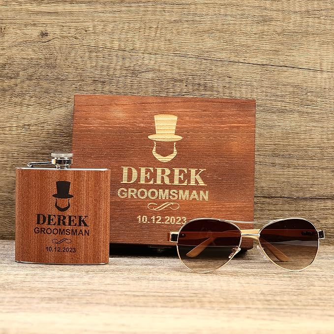 Personalized Flask Set, Mens Gifts, Engraved Flask & Wooden Sunglasses Gift Set, Groomsmen Gifts