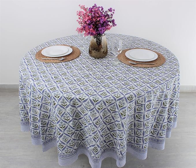 Ridhi Block Print Round Light Steel Blue Reusable Tablecloth 100% Cotton 110" Inch Decorative Table Cover eveyday Dining, Home, Party, Wedding, Farmhouse Gift for Spring, Easter, Valentine