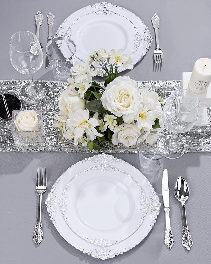 Nervure 175PCS Silver Plastic Plates - White and Silver Disposable Plates for 25 Guests Include 50Plates, 25Cups, 25Forks, 25Knives, 25Spoons, 25Napkins for Wedding & Party