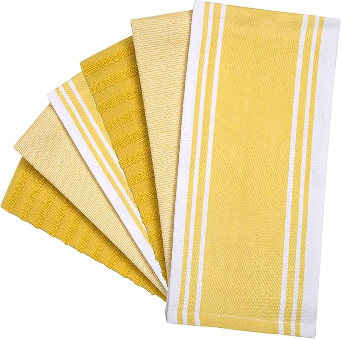 Premium Kitchen Towels (20”x 28”, 6 Pack) | Large Cotton Dish Towels | Flat & Terry Highly Absorbent Kitchen Linen Set with Hanging Loop | Wide Stripe Yellow
