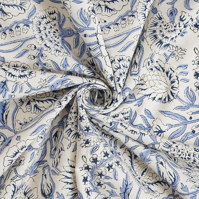 Handblock Print Cotton Tablecloth – 72x108 Rectangular Table Cover Seats 6–8 – Indian Block Printed Floral Dining Table Linen – Boho Washable Cloth for Kitchen, Party, Outdoor, Soft Blue