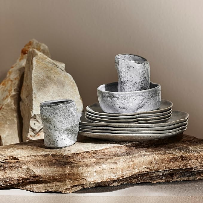 Stone by Mercer Project Atik Modern Stoneware 16-Piece Dinnerware Set, Plate and Bowl Set, Dish set for 4, Grey Speckled