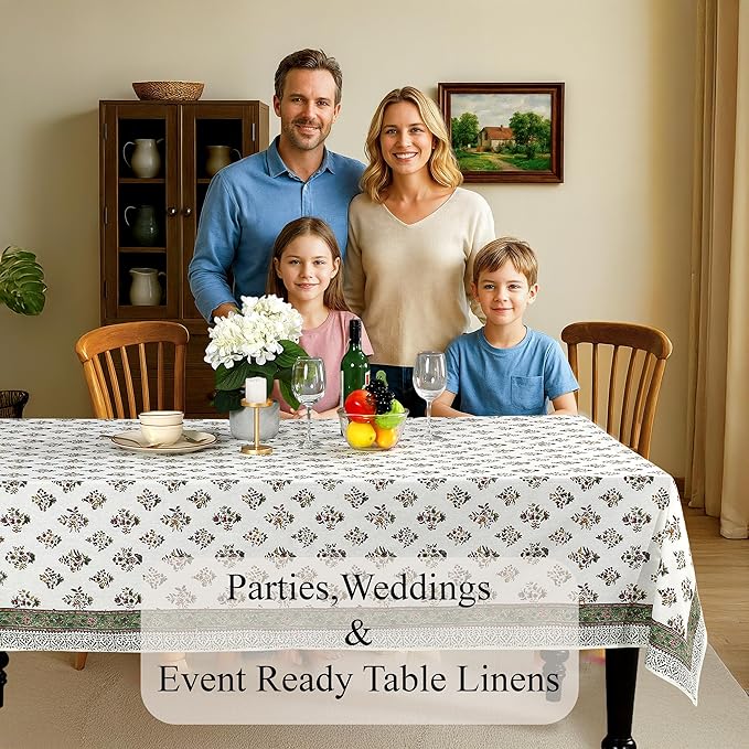 CPC Tablecloth 100% Cotton 60x90 Inch Indian Block Print Rectangle Table Cover, Washable Table Cloth for Weddings, Spring/Summer, Barbeque - Forest Green