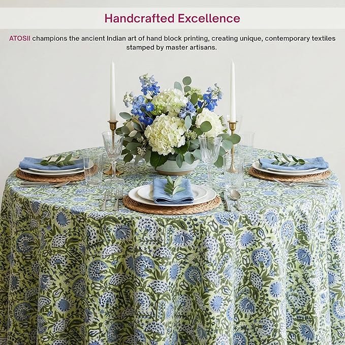 ATOSII Amara 100% Cotton Round Summer Tablecloth, Handblock Print Floral Table Cloth for Kitchen Dining Linen I Parties, Weddings, Outdoors I Grand Millennial Farmhouse Home Decor 72" Inches Round
