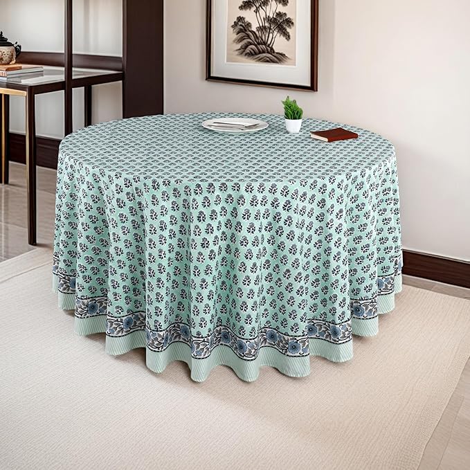 CPC Round Tablecloth- Cotton Indian Block Print Tablecloth -Handmade Printed Washable Cotton Table Cloth - Fall/Winter, Wedding Table Cover - Poppy Blue 60 Inches