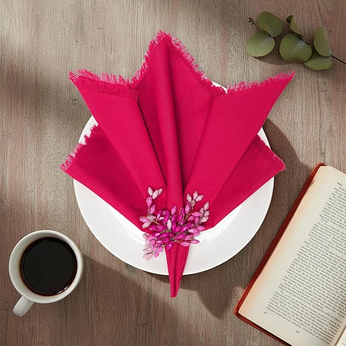 Lightnpro Cotton Napkins Set of 12, Beautiful Handmade Fringe Dinner Cloth Napkins, Washable and Reusable for Dining, Parties, Weddings, Holiday & Everyday Use - 18x18 Inch Magenta