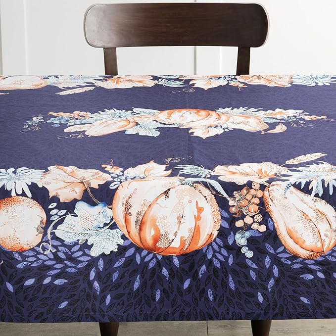 Maison d' Hermine Table Cloth Rectangle Table 100% Cotton 60 x 90 Inches Fall Tablecloth Reusable Everyday Use for Thanksgiving Christmas Decorations Dining Farmhouse Party (Pumpkin Blues)