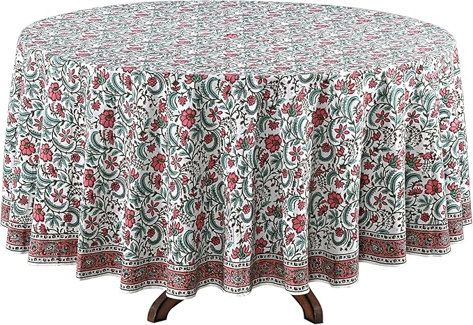 Ridhi Block Print Round Tulip Pink Reusable Tablecloth 100% Cotton 120" Inch Decorative Table Cover eveyday Dining, Home, Party, Wedding, Farmhouse Gift for Spring, Easter, Valentine
