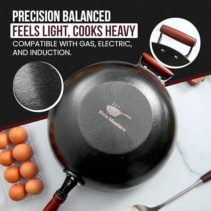 Pre-Seasoned Cast Iron Nonstick Stir-Fry Pan | Dual Handles & 4 Spatulas | Flat Bottom Wok with Wooden Lid & Wood Handle | Traditional Chinese Induction Wok (34cm)