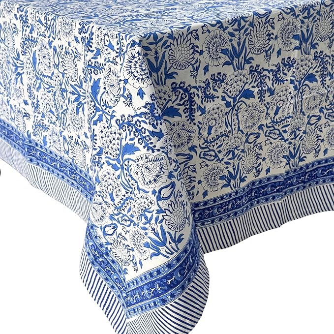 ATOSII Indigo Bloom 100% Cotton Rectangle Summer Tablecloth, Handblock Floral Print Linen Table Cloth for Kitchen Dining I Parties, Weddings, Outdoors, 60 X 108 Inches I 8 Seater