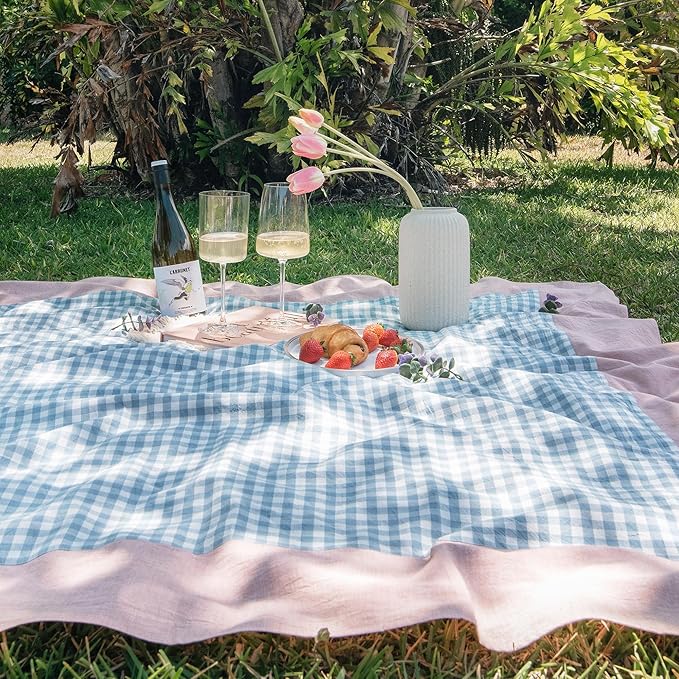 MONDAY MOOSE Gingham Checkered Farmhouse Rustic Picnic Style Decoration Rectangle Natural Stonewashed Cotton Tablecloth for Kitchen, Dining Room, Restaurant (60x102 inch, Blue/Clay)