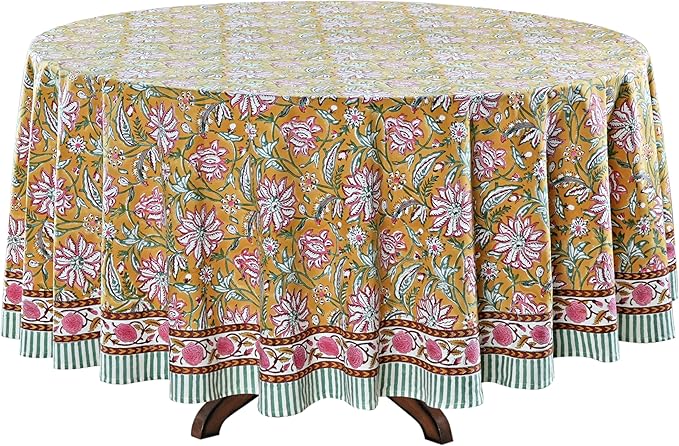 Ridhi Block Print Round Biscotti Yellow Reusable Tablecloth 100% Cotton 132" Inch Decorative Table Cover eveyday Dining, Home, Party, Wedding, Farmhouse Gift for Spring, Easter, Valentine