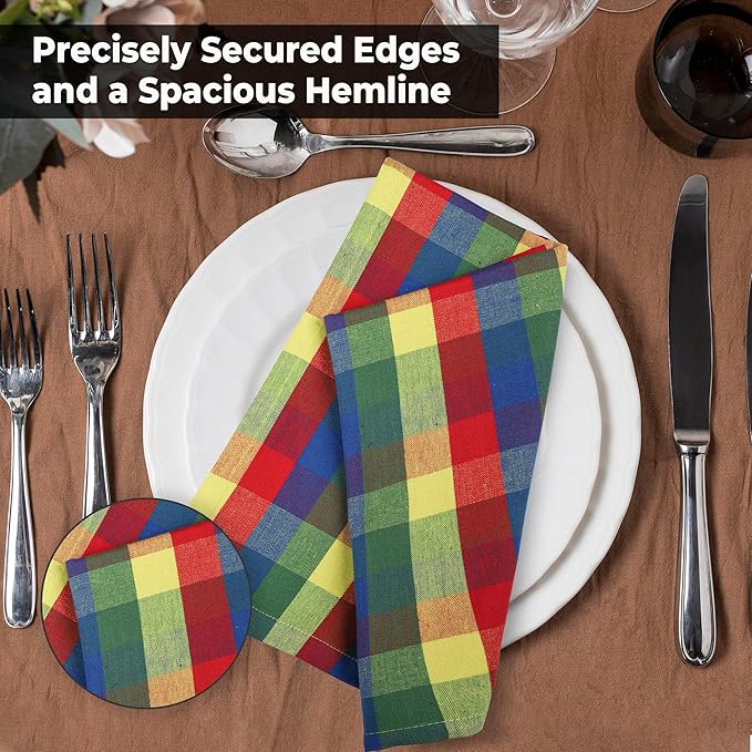 Urban Villa Cotton Dinner Napkins Set of 6, Highly Absorbent 20x20 Inches Premium Cloth Napkins Hotel Quality Reusable & Washable Table Dinner Napkins for Home & Weddings - Multi Prismatic, Checks