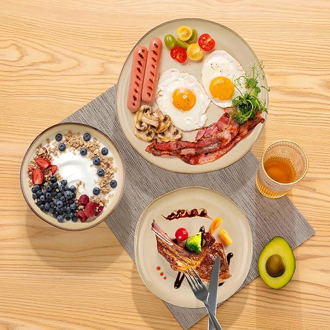 Herogo 12pcs Stoneware Dinnerware Sets for 4, Irregular Handmade Dinner Plates and Bowls, Kitchen Dining Dish Dishware Set, Microwave & Dishwasher Safe, Cream Khaki