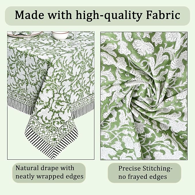 Ridhi Hand Block Print Sage Green Rectangle Cotton Tablecloth 108" x 60" Reusable Table Cover Decorative Everyday Use for Dining, Farmhouse, Home Gift for Spring, Easter, Valentine
