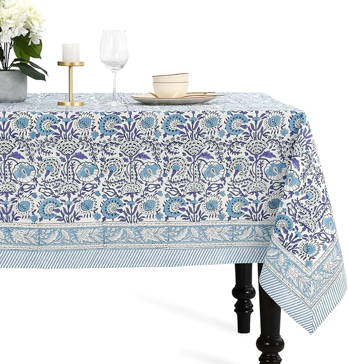 CPC Tablecloth 100% Cotton 72x160 Inch Indian Block Print Rectangle Table Cover, Blue Table Cloth for Weddings, Spring/Summer, Barbeque - Indigo Blue