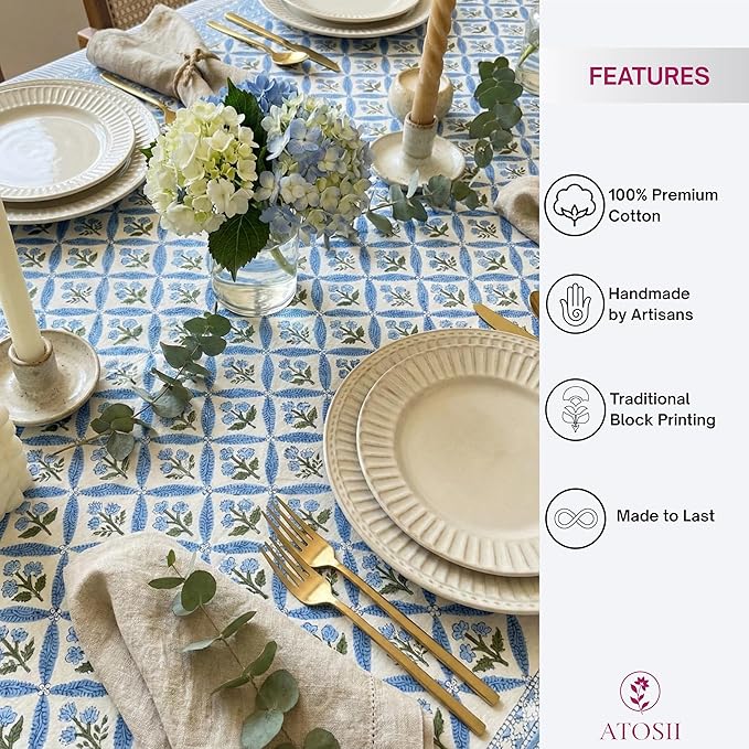 ATOSII Netta Blue 100% Cotton Rectangle Summer Tablecloth, Handblock Floral Print Linen Table Cloth for Kitchen Dining I Parties, Weddings, Outdoors, Decor 60 X 108 Inches, 8 Seater