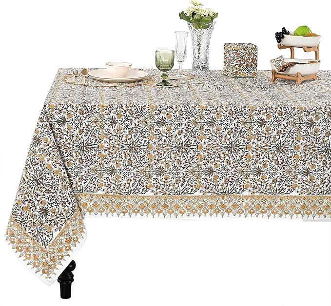 Goldenrod Yellow, Fern Green and Peanut Brown Indian Hand Block Printed 100% Pure Cotton Kitchen Tablecloth Home Decor Table Cloth Dinner Party Gift for Mother's day Her Mom Home Wedding 60x90 Inches