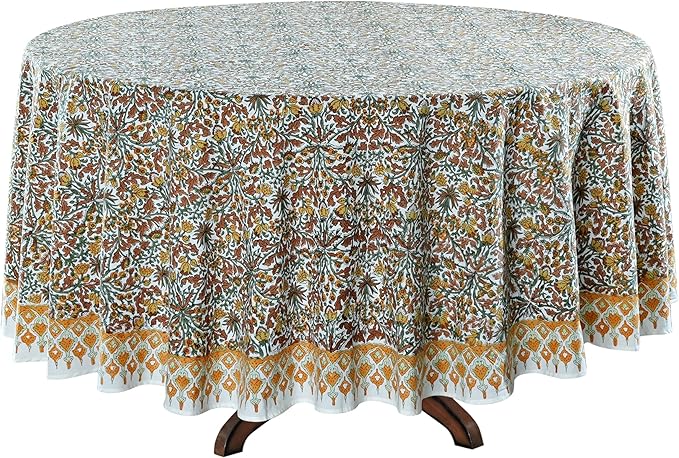 Ridhi Block Print Round Goldenrod Yellow Reusable Tablecloth 100% Cotton 120" Inch Decorative Table Cover eveyday Dining, Home, Party, Wedding, Farmhouse Gift for Spring, Easter, Valentine