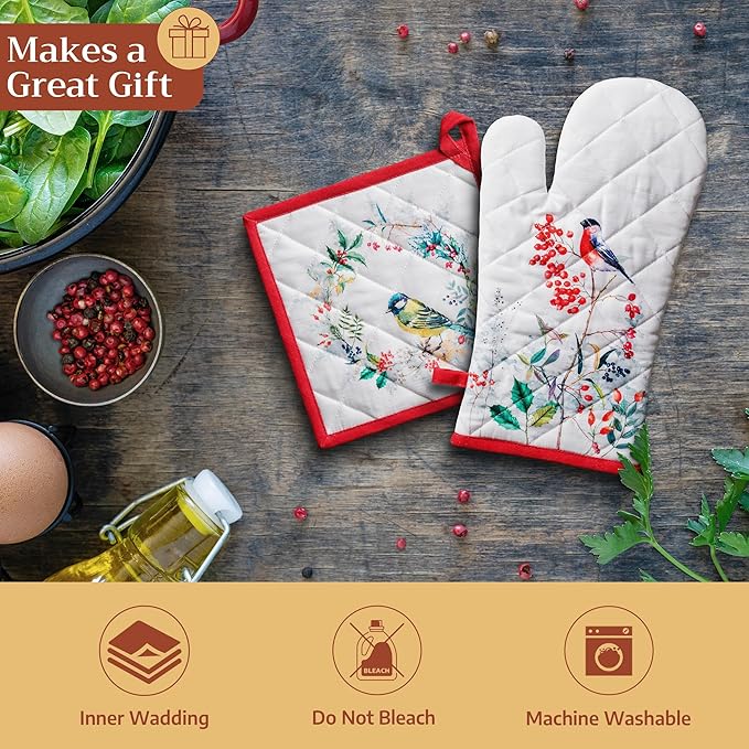 Maison d' Hermine 100% Cotton Oven Mitt & Pot Holder Set (7.5"x13" & 8"x8") Heat Resistant BBQ Cooking Gloves with Loop for Thanksgiving Christmas Decorations Handling Hot Pans (Morzine)