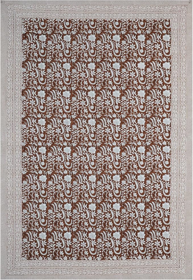 Handblock Print Cotton Tablecloth – 70×130 Rectangular Table Cover Seats 8-10 – Indian Block Printed Floral Dining Table Linen – Boho Washable Cloth for Kitchen, Party, Outdoor, Dark Brown