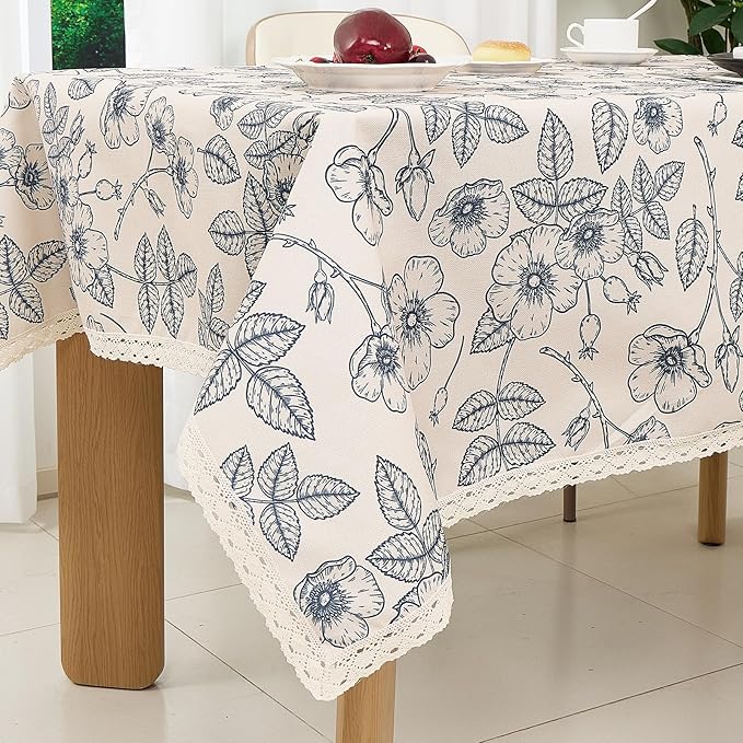 French Vintage Floral Tablecloth Rectangle, Heavy Duty Linen Table Cloth with Blue Flowers and Leaves Pattern, Waterproof Table Cover with lace for Dining Party Holiday, 55''x 70''