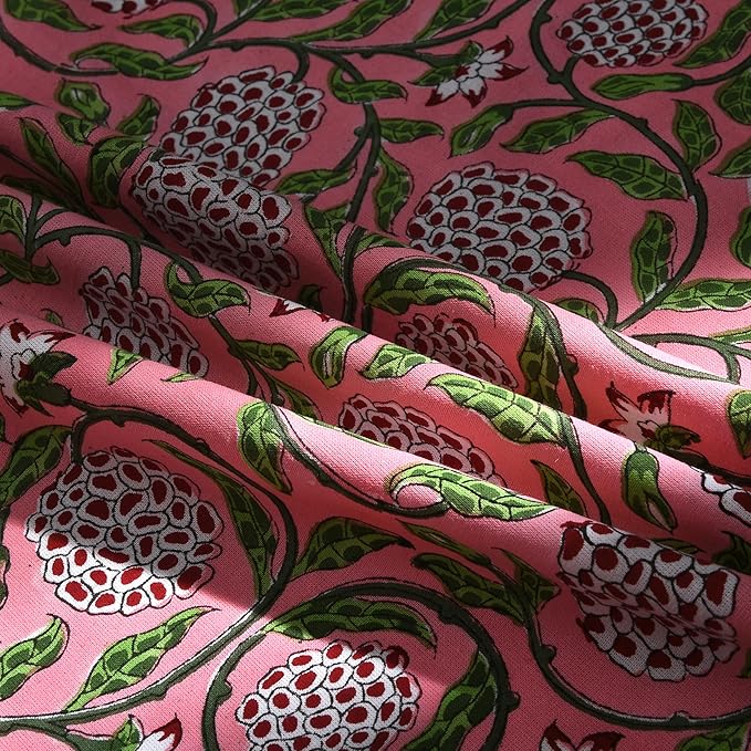 Ridhi Block Print Round Strawberry Pink Reusable Tablecloth 100% Cotton 132" Inch Decorative Table Cover eveyday Dining, Home, Party, Wedding, Farmhouse Gift for Spring, Easter, Valentine