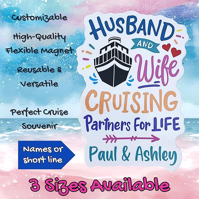 Husband Wife Cruising Partners for Life Door Magnet Sign Personalized Cruise Lover Keepsake Gift Carnival Princess Romantic Couples Getaway
