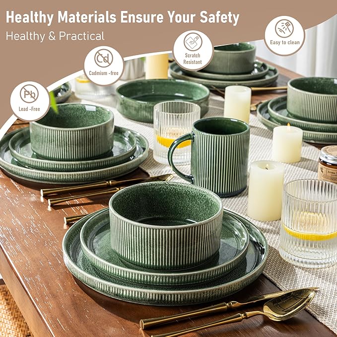 GBHOME 18-Piece Stoneware Dinnerware Set for 6 – Ribbed Ceramic Plates and Bowls, Scratch-Resistant, Microwave & Dishwasher Safe, Reactive Glaze, Dark Green