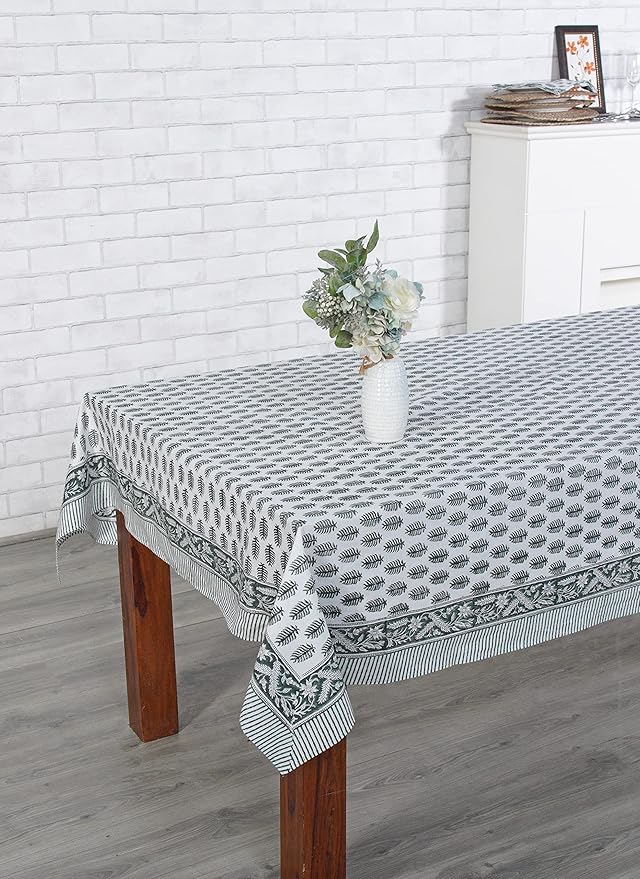 Ridhi Hand Block Print Emerald Green Rectangle Cotton Tablecloth 102" x 48" Reusable Table Cover Decorative Everyday Use for Dining, Farmhouse, Home Gift for Spring, Easter, Valentine