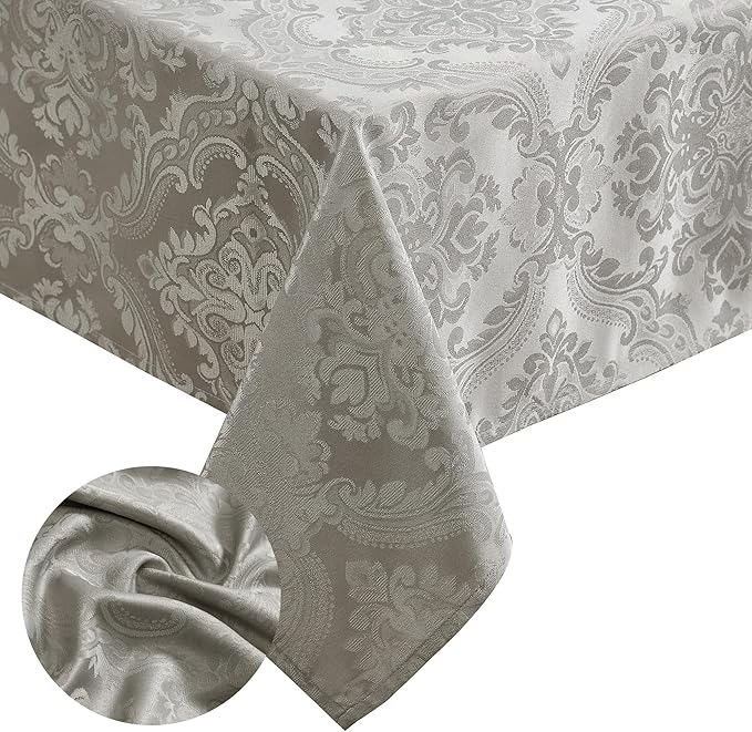 Elrene Home Fashions Caiden Elegance Damask Waterproof, Stain & Wrinkle Resistant Fabric Tablecloth, 60" x 144" Oblong/Rectangle, Silver