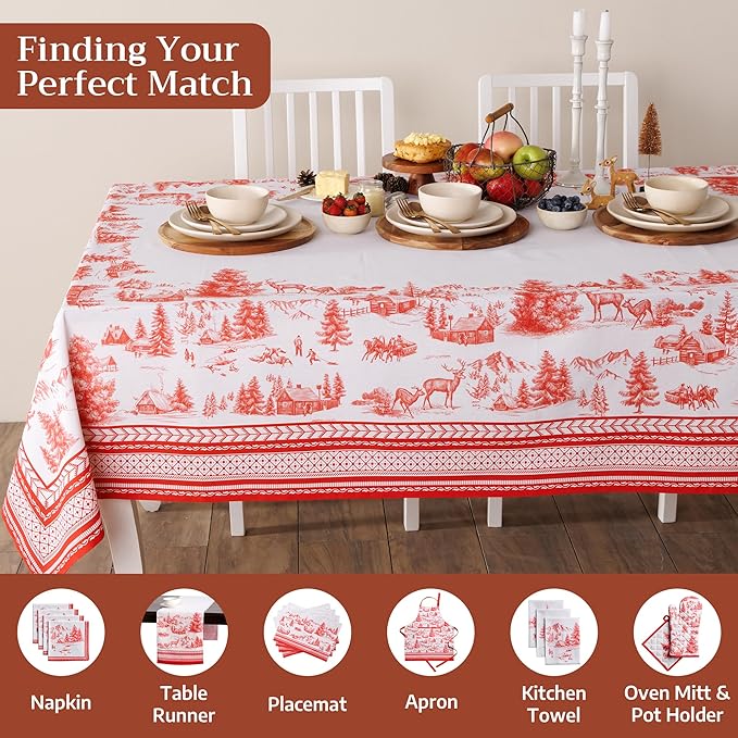 Maison d' Hermine Table Cloth Rectangle Table 100% Cotton 70 x 108 Inches Fall Tablecloth Reusable Everyday Use for Thanksgiving Christmas Decorations Dining Farmhouse Party (Winter Jouy)