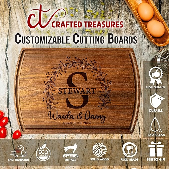 Crafted Treasures Personalized Cutting Board - Custom Cutting Board Wood Engraved Charcuterie Board - Personalized Wedding Gifts, Bridal Shower, Engagement, Anniversary & Housewarming Gift for Family