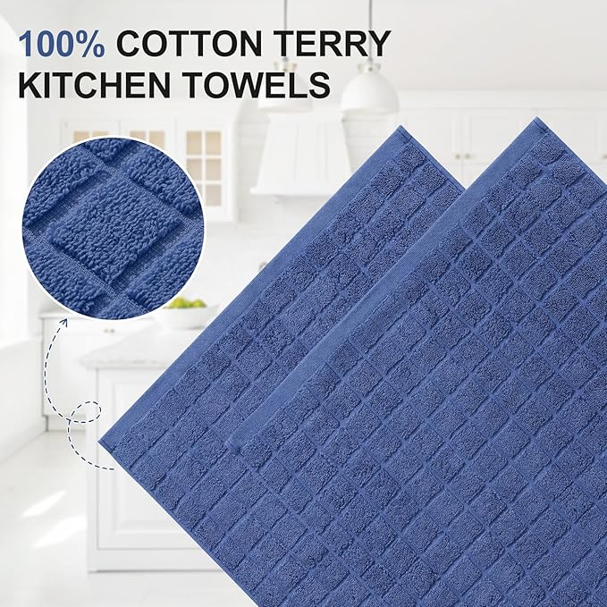 Homaxy Premium Cotton Kitchen Towels 16"x 28", Large Natural Ring Spun 390 GSM Dish Towels, Super Absorbent Terry Kitchen Hand Towels, Soft Tea Towels with Hanging Loop, Pure Navy Blue Design, 8 Pack