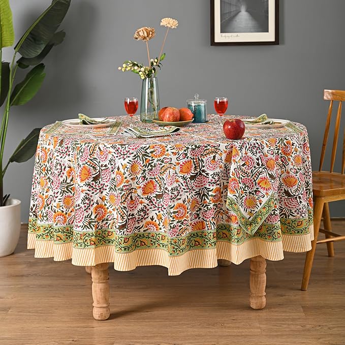 Hand Block Printed Cotton Tablecloth – Elegant Floral Design Perfect for Dining Table Kitchen Parties Home Decor, Wall Tapestry (Yellow Sunflower, 10 Seater 108 Inches Round)